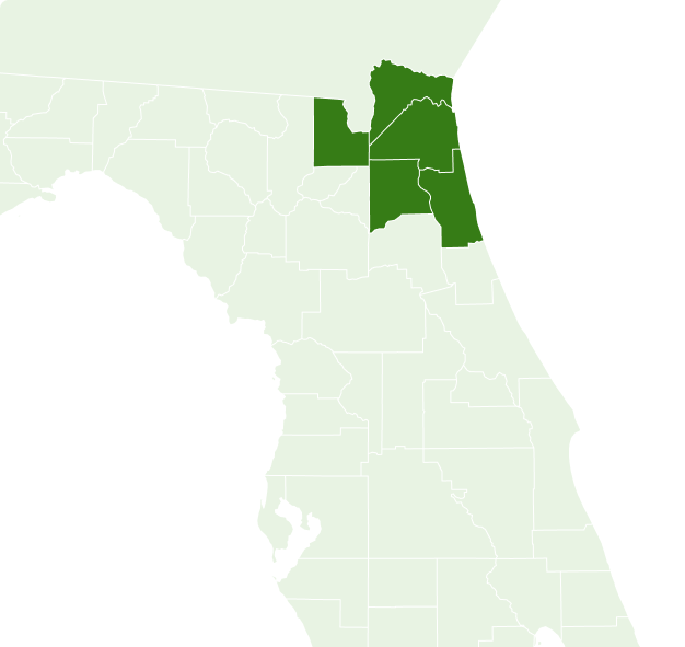 Green map of Florida counties with Bay and Gulf counties highlighted in darker green